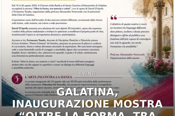 Galatina, inaugurazione mostra “Oltre la forma, tra materia e colori”