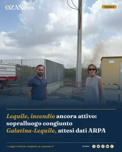 Anteprima di: Lequile, incendio ancora attivo: sopralluogo congiunto Galatina-Lequile, attesi dati ARPA
