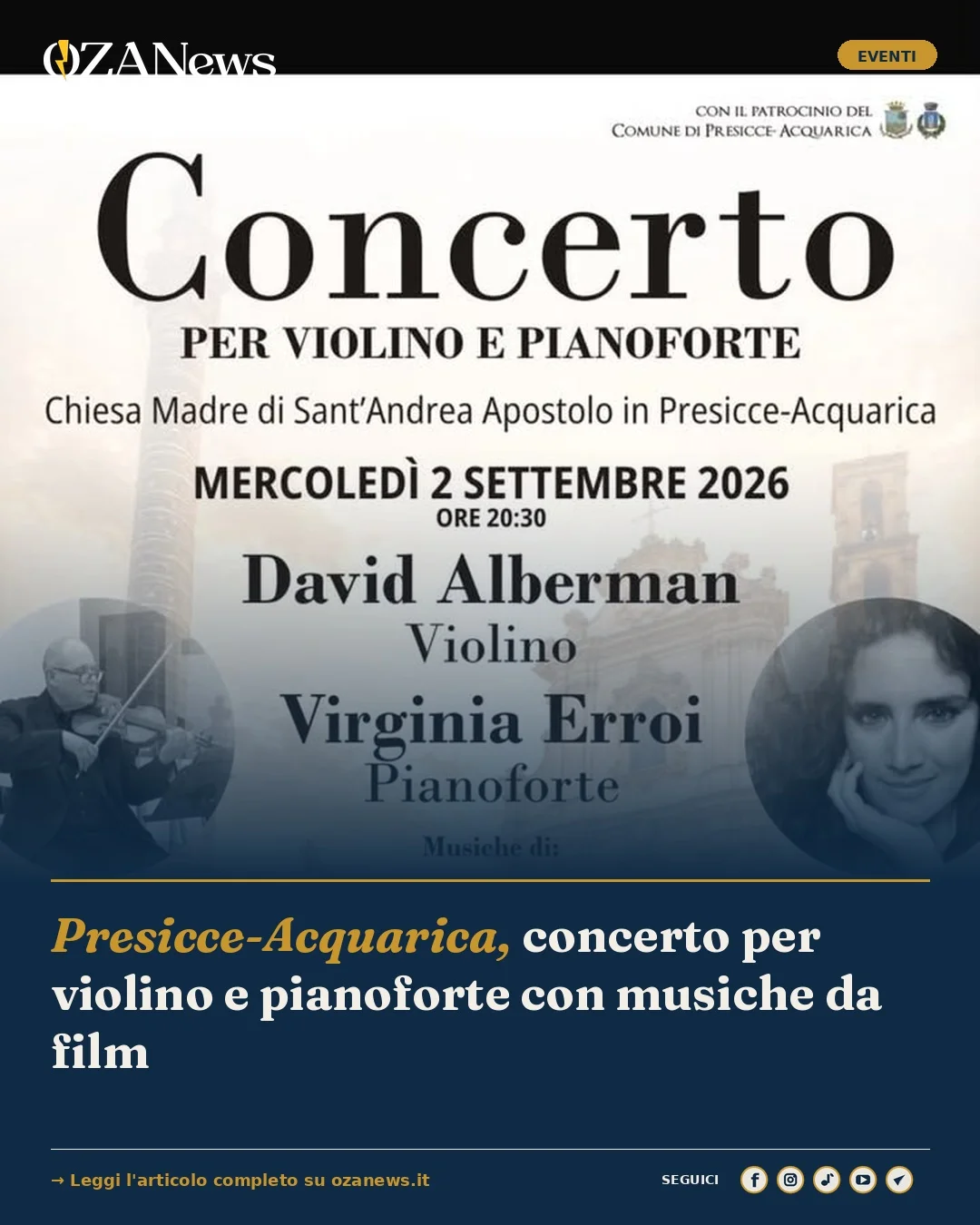 Anteprima di: Presicce-Acquarica, concerto per violino e pianoforte con musiche da film