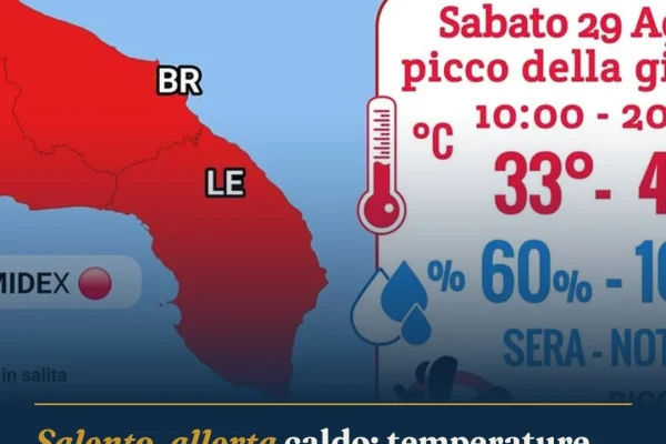 Salento, allerta caldo: temperature fino a 42 gradi per sabato 29 agosto