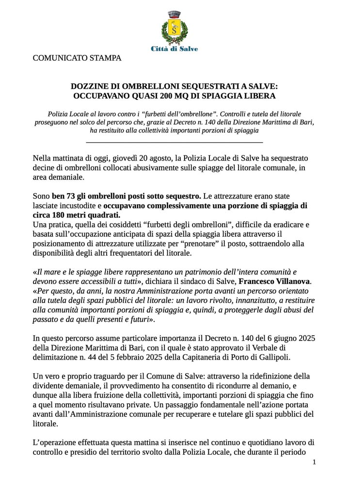 Salve, sequestrati 73 ombrelloni abusivi: controlli costanti sulle spiagge libere