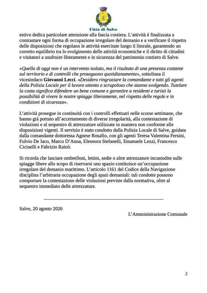 Salve, sequestrati 73 ombrelloni abusivi: controlli costanti sulle spiagge libere