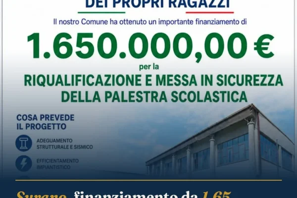 Surano, finanziamento da 1,65 milioni per la palestra scolastica