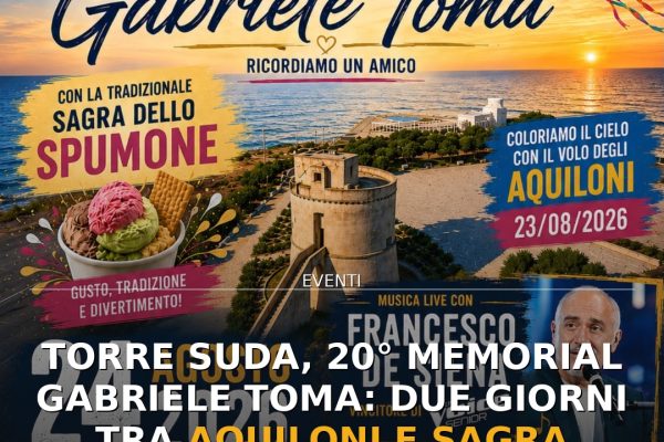 Torre Suda, 20° Memorial Gabriele Toma: due giorni tra aquiloni e Sagra dello Spumone
