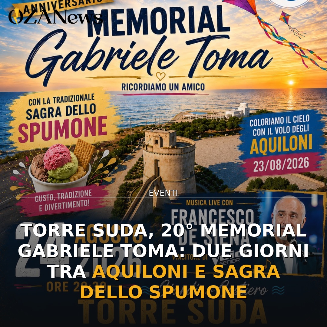 Anteprima di: Torre Suda, 20Β° Memorial Gabriele Toma: due giorni tra aquiloni e Sagra dello Spumone