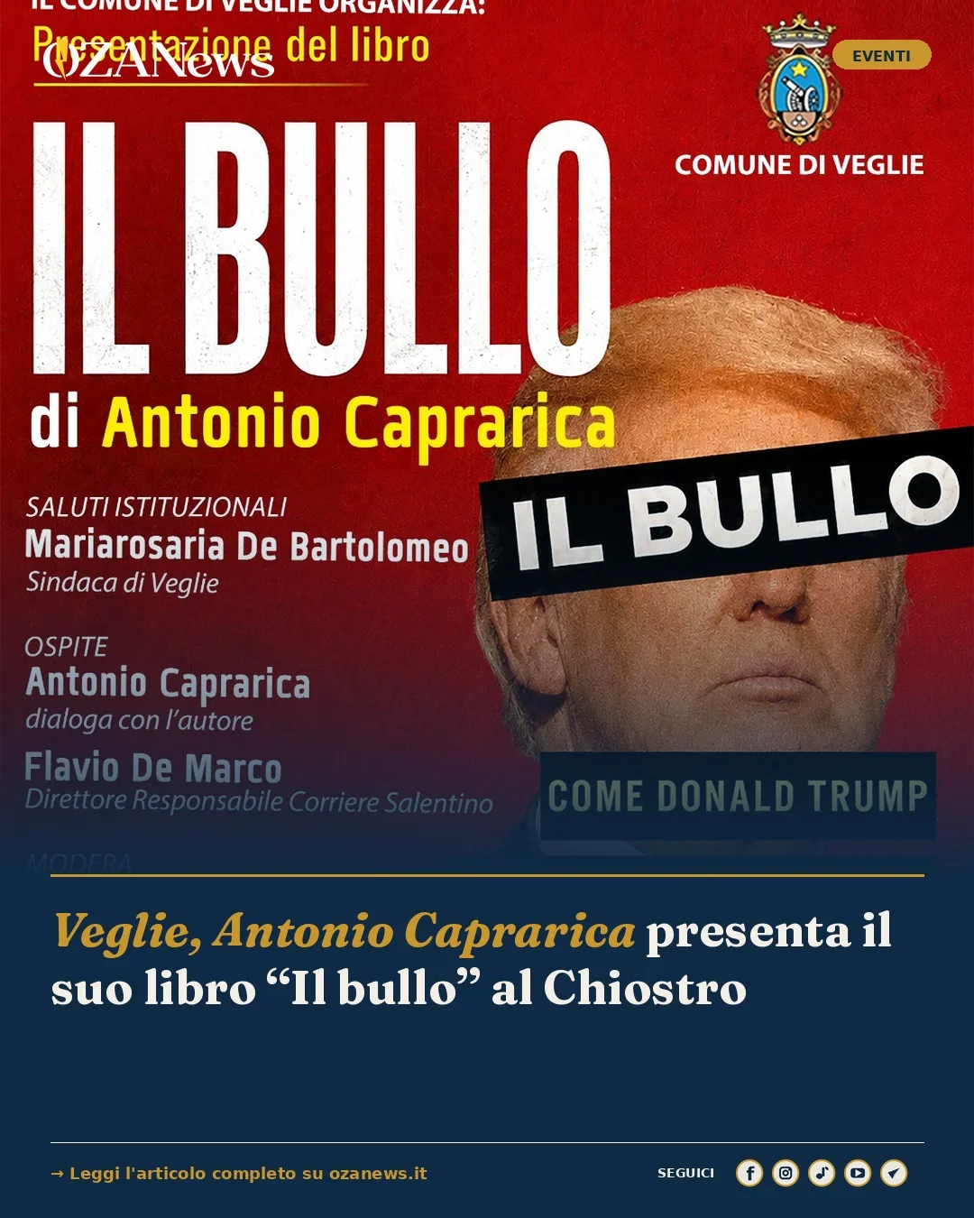 Anteprima di: Veglie, Antonio Caprarica presenta il suo libro “Il bullo” al Chiostro