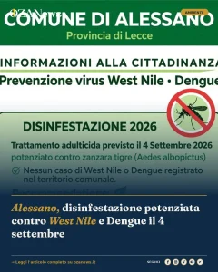 Anteprima di: Alessano, disinfestazione potenziata contro West Nile e Dengue il 4 settembre
