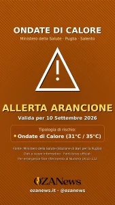 Anteprima di: Allerta Arancione per Ondate di Calore nel Salento (Giovedì 10 settembre): attese temperature fino a 31°C