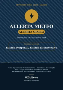 Anteprima di: Allerta Gialla per il Salento (Sabato 19 settembre): rischio Rischio Temporali, Rischio Idrogeologico
