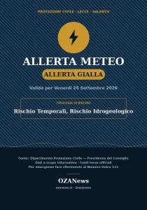 Anteprima di: Allerta Gialla per il Salento (Venerdì 25 settembre): rischio Rischio Temporali, Rischio Idrogeologico