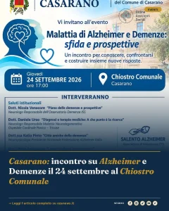 Casarano: incontro su Alzheimer e Demenze il 24 settembre al Chiostro Comunale