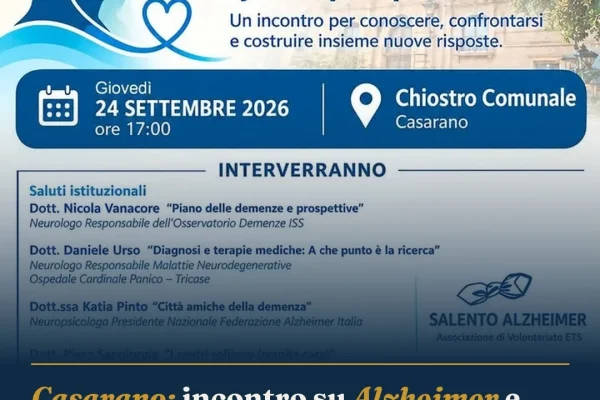 Casarano: incontro su Alzheimer e Demenze il 24 settembre al Chiostro Comunale