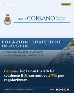 Corsano, locazioni turistiche: scadenza il 30 settembre 2026 per regolarizzare