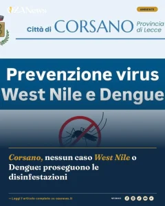 Anteprima di: Corsano, nessun caso West Nile o Dengue: proseguono le disinfestazioni