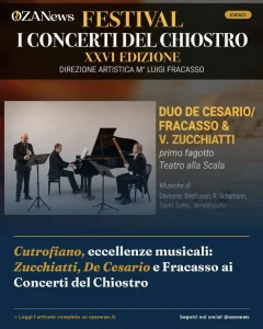 Cutrofiano, eccellenze musicali: Zucchiatti, De Cesario e Fracasso ai Concerti del Chiostro