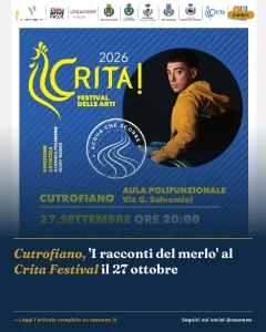 Cutrofiano, 'I racconti del merlo' al Crita Festival il 27 ottobre
