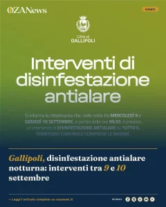 Gallipoli, disinfestazione antialare notturna: interventi tra 9 e 10 settembre
