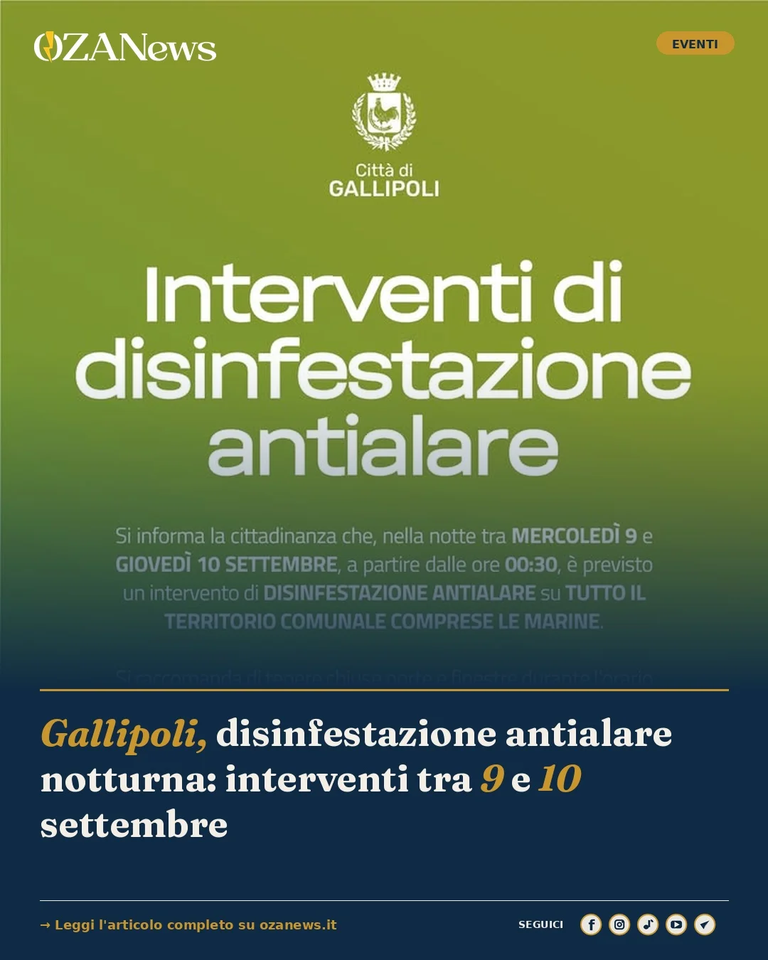 Anteprima di: Gallipoli, disinfestazione antialare notturna: interventi tra 9 e 10 settembre