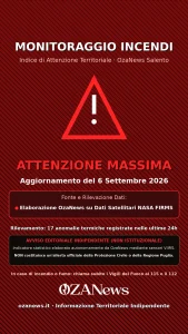 Anteprima di: Incendi Salento, Indice OzaNews: Attenzione Massima — Rilevate 17 anomalie termiche dal satellite