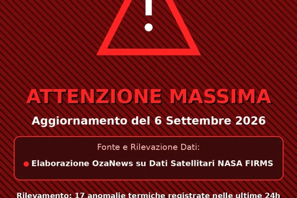 Incendi Salento, Indice OzaNews: Attenzione Massima — Rilevate 17 anomalie termiche dal satellite