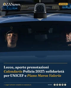 Anteprima di: Lecce, aperte prenotazioni Calendario Polizia 2027: solidarietà per UNICEF e Piano Marco Valerio