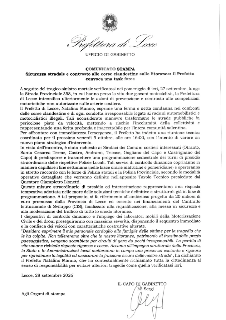 Dettaglio 2: Lecce, Prefetto convoca task force contro corse clandestine sulle litoranee dopo incidente mortale