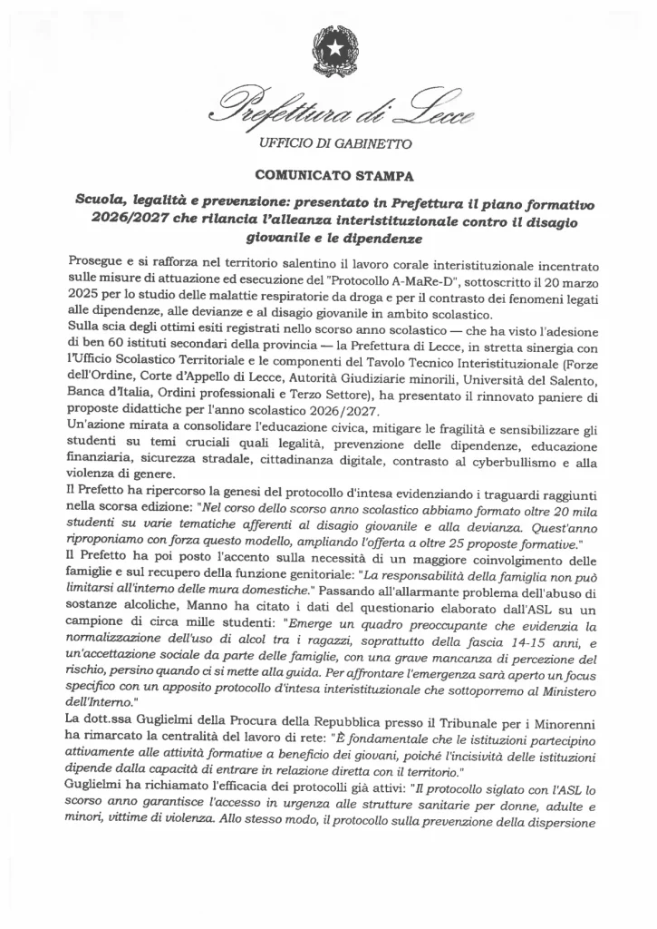 Dettaglio 3: Lecce, presentato piano formativo 2026/2027: alleanza contro disagio giovanile