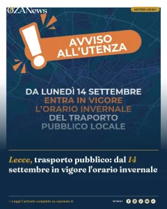 Lecce, trasporto pubblico: dal 14 settembre in vigore l’orario invernale