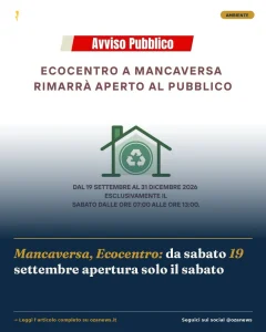Anteprima di: Mancaversa, Ecocentro: da sabato 19 settembre apertura solo il sabato