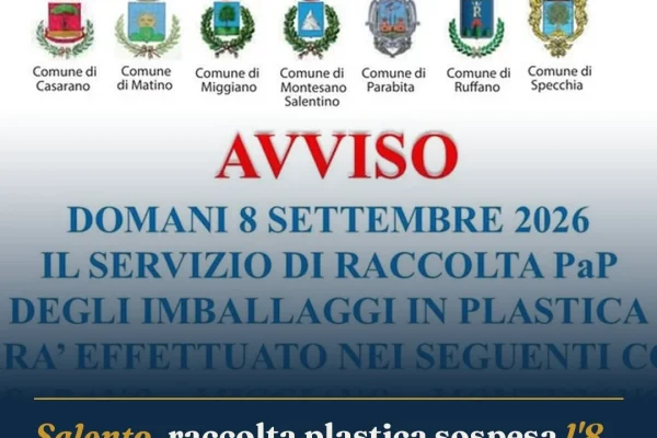 Salento, raccolta plastica sospesa l’8 settembre: i comuni coinvolti