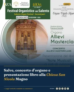 Salve, concerto d’organo e presentazione libro alla Chiesa San Nicola Magno