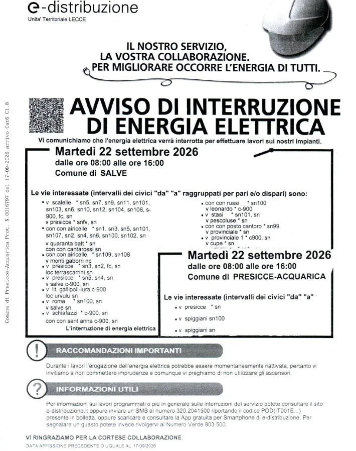 Foto: Salve, interruzione energia elettrica martedì 22 settembre per lavori e-distribuzione