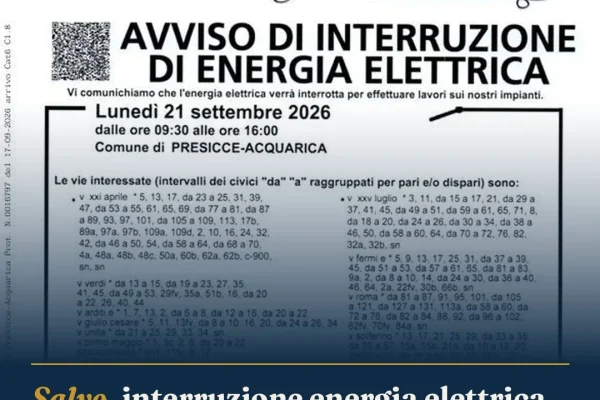 Salve, interruzione energia elettrica martedì 22 settembre per lavori e-distribuzione
