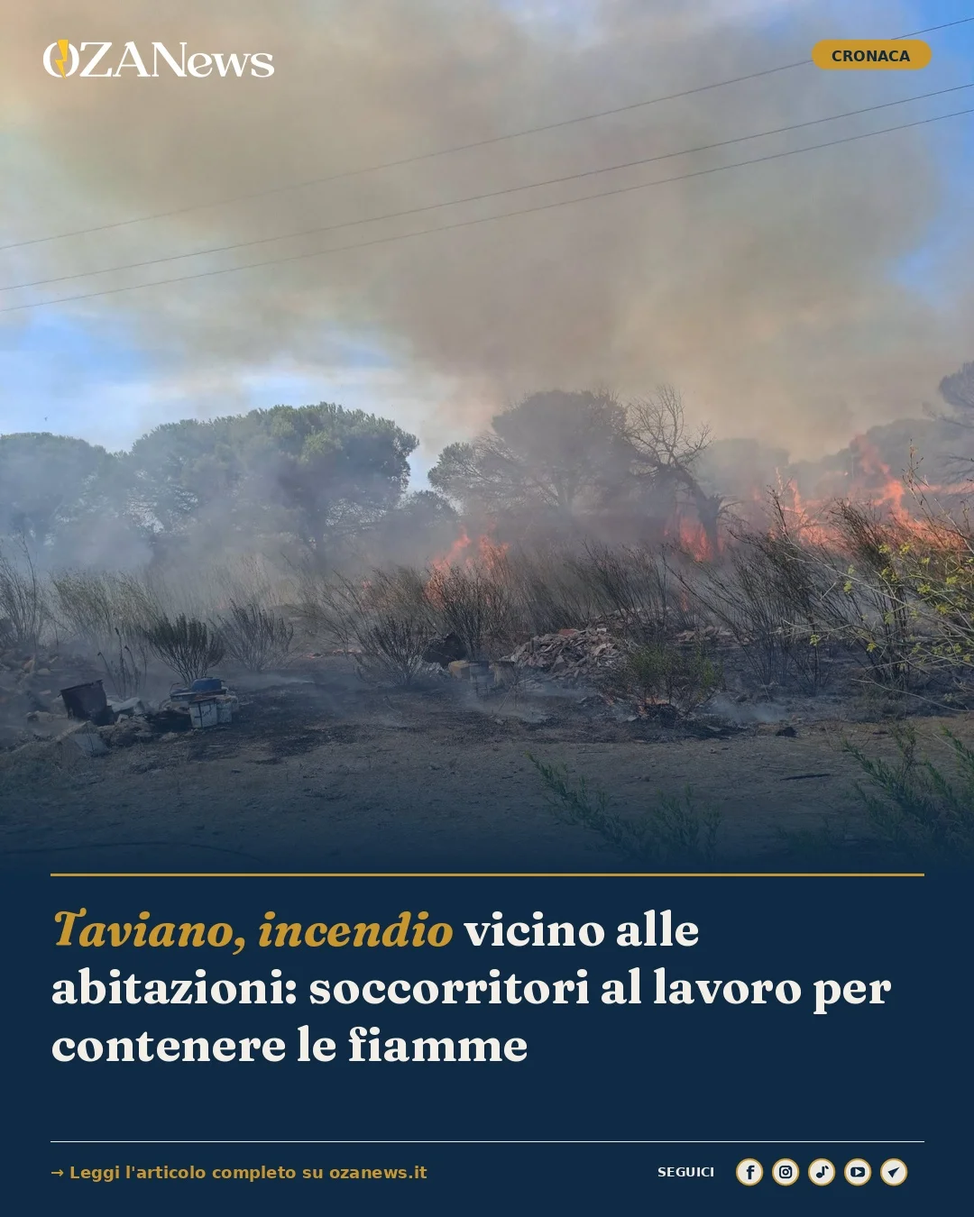 Foto: Taviano, incendio vicino alle abitazioni: soccorritori al lavoro per contenere le fiamme
