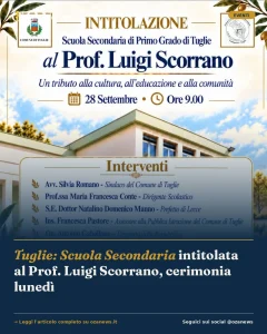 Tuglie: Scuola Secondaria intitolata al Prof. Luigi Scorrano, cerimonia lunedì