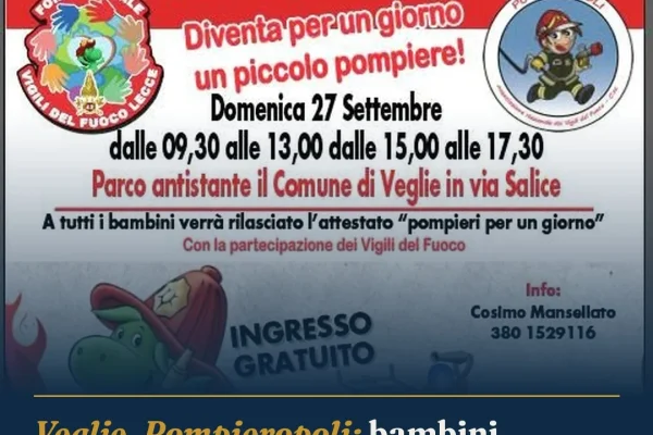 Veglie, Pompieropoli: bambini diventano piccoli vigili del fuoco per un giorno