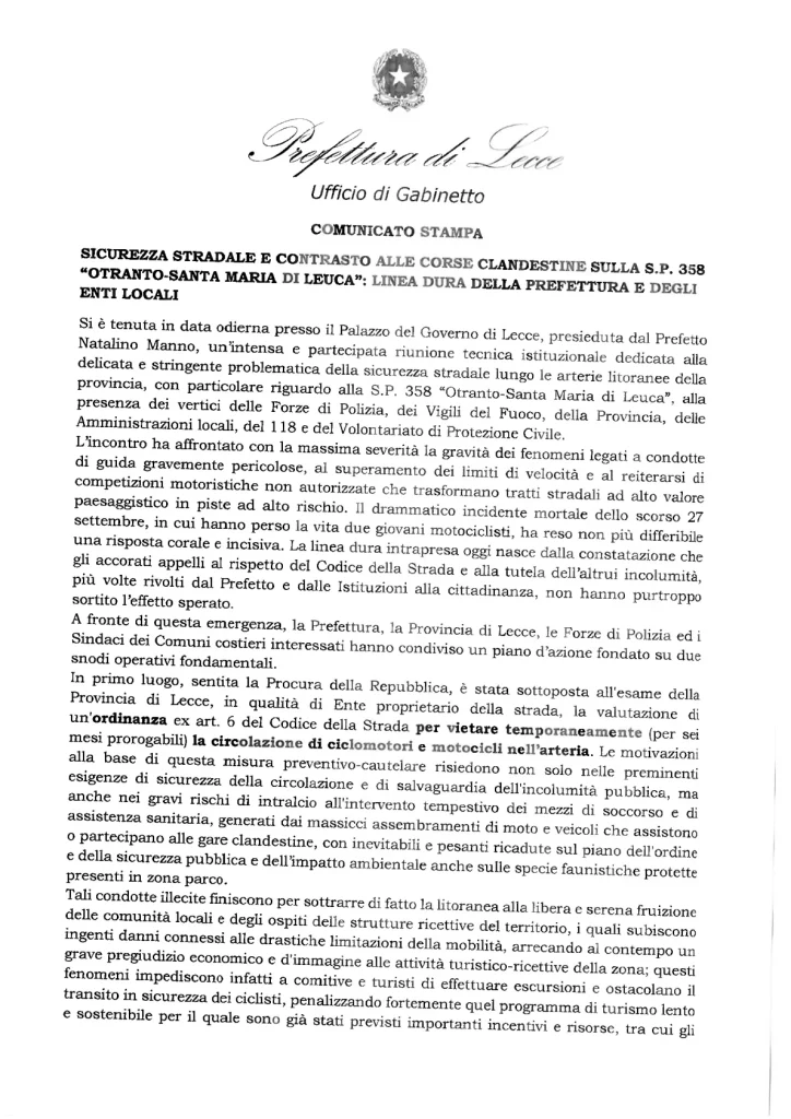 Dettaglio 2: Lecce, linea dura della Prefettura contro le corse clandestine sulla litoranea Otranto-Leuca
