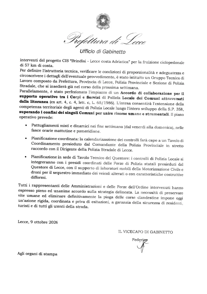 Dettaglio 3: Lecce, linea dura della Prefettura contro le corse clandestine sulla litoranea Otranto-Leuca