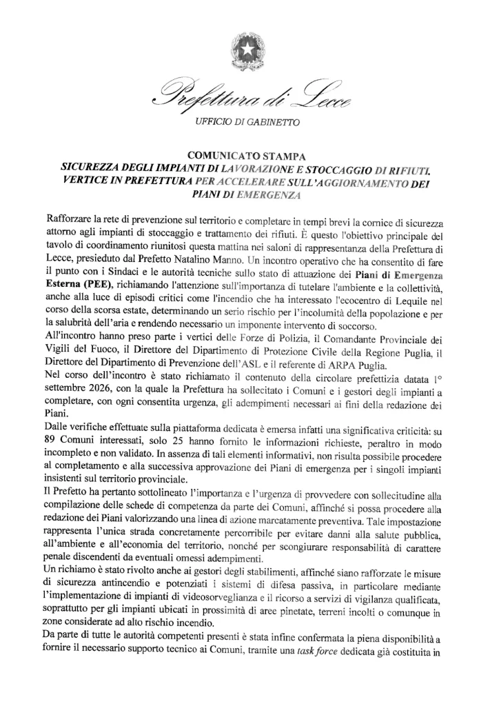 Dettaglio 3: Lecce, Prefettura accelera sui Piani di Emergenza rifiuti: pochi Comuni hanno risposto