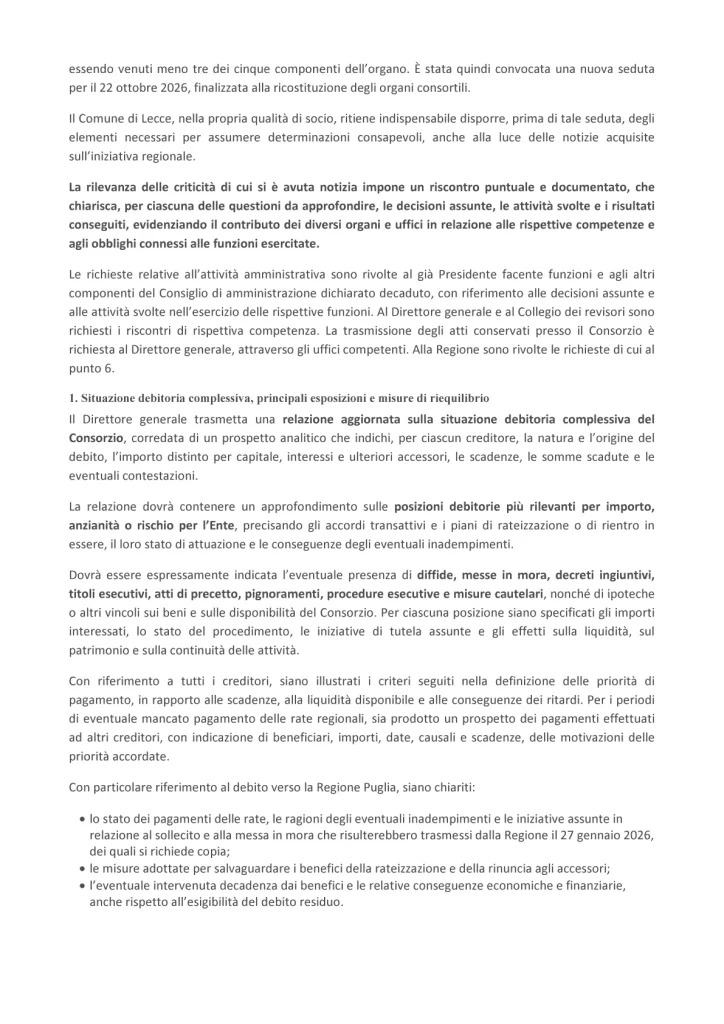 Dettaglio 1: Lecce, Sindaco Poli Bortone chiede chiarimenti sul commissariamento del Consorzio ASI