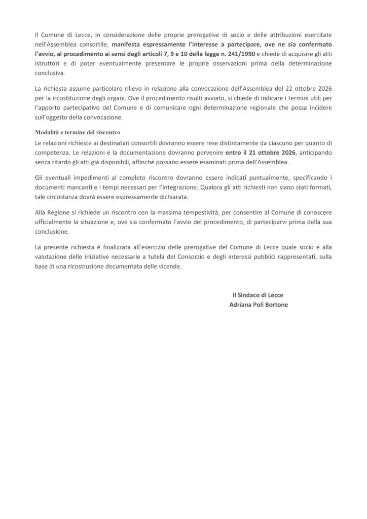 Dettaglio 4: Lecce, Sindaco Poli Bortone chiede chiarimenti sul commissariamento del Consorzio ASI