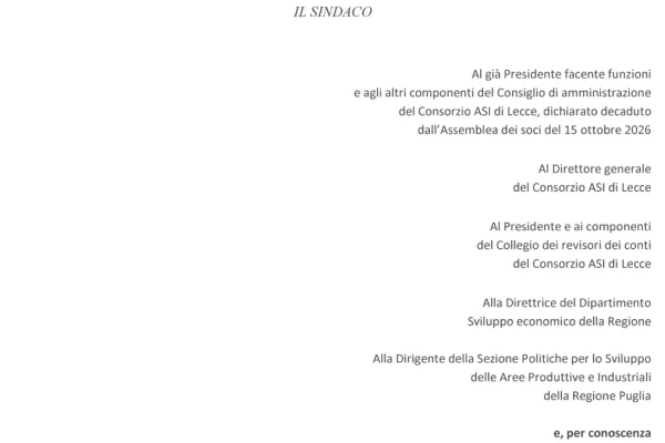 Lecce, Sindaco Poli Bortone chiede chiarimenti sul commissariamento del Consorzio ASI