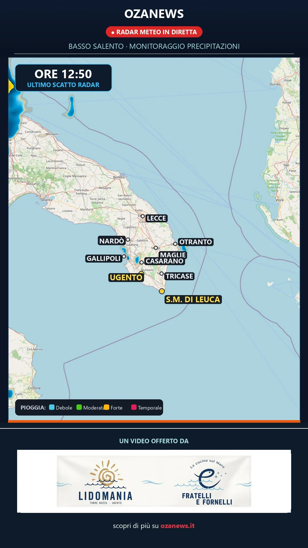 Meteo in diretta, fronte di pioggia sul Basso Salento: rovesci su Gallipoli e Casarano [VIDEO RADAR]