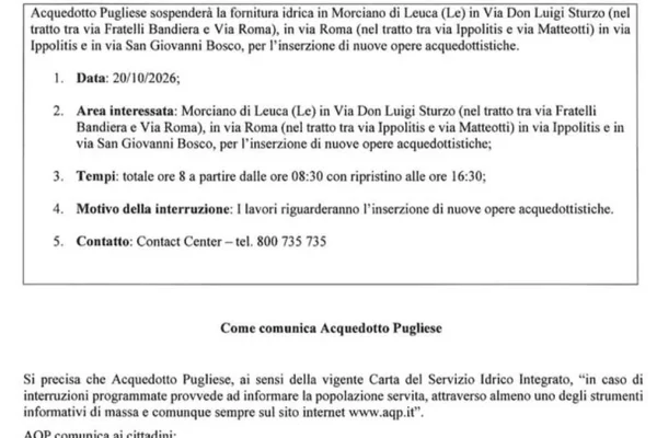 Morciano di Leuca, interruzione idrica programmata per lavori AQP in alcune vie