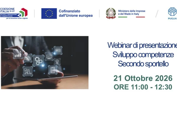Puglia, webinar gratuito per le PMI: focus su sviluppo competenze e bando MIMIT