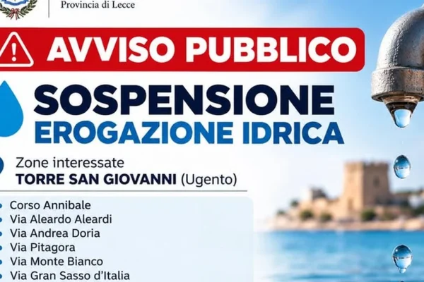 Ugento, sospensione idrica a Torre San Giovanni: giovedì 22 ottobre stop all’acqua