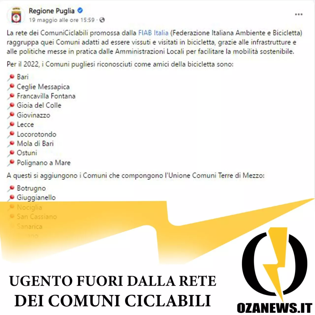 ugento fuori dalla rete dei comuni ciclabili