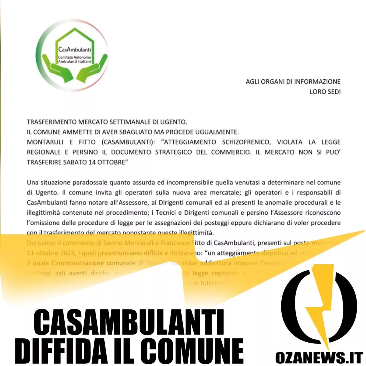 Casambulanti Diffida Il Comune Di Ugento Per Lo Spostamento Del Mercato