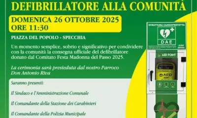 Specchia defibrillator ceremony poster. Madonna del Passo festival. Community receives life-saving AED. October 26, 2025.