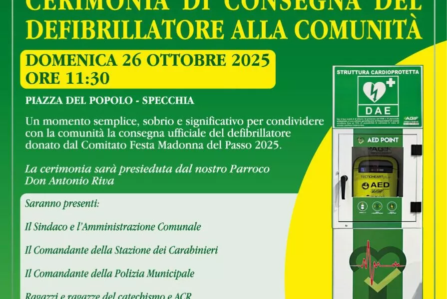 Specchia defibrillator ceremony poster. Madonna del Passo festival. Community receives life-saving AED. October 26, 2025.